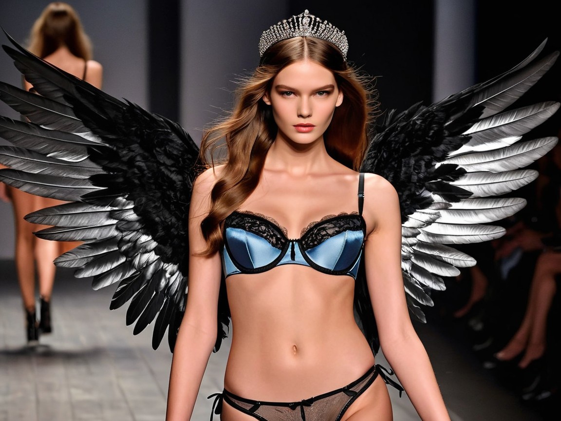 Model in Lingerie with Feathered Wings on Runway