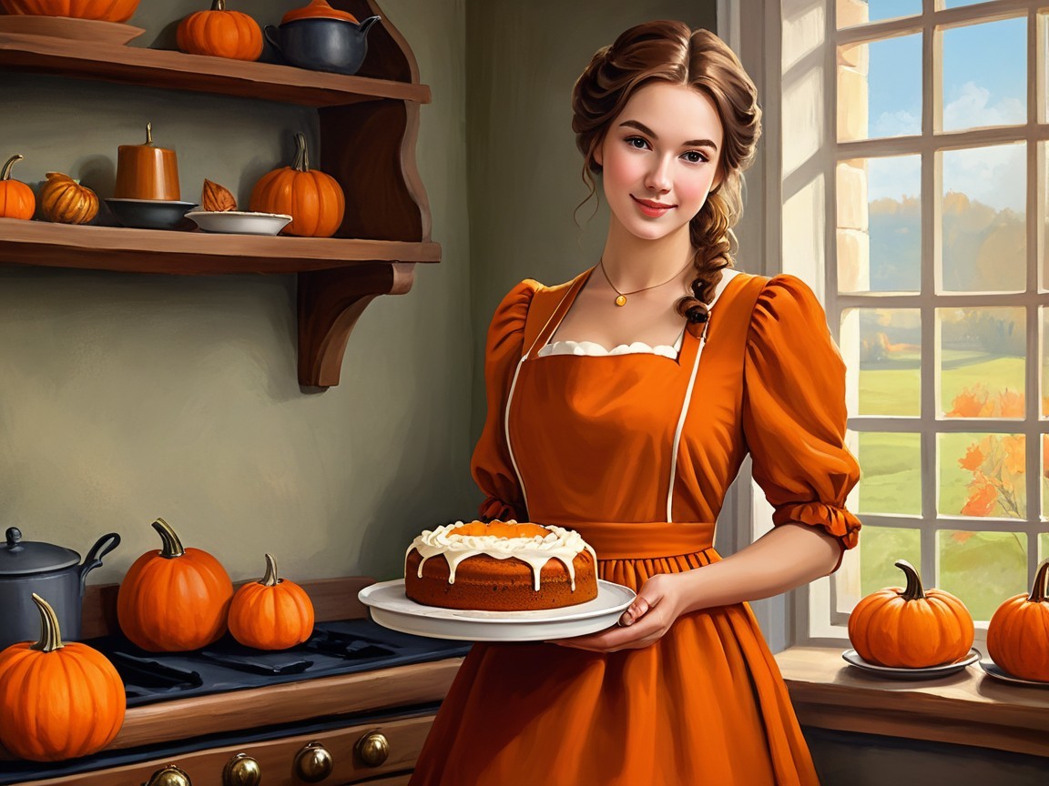 Young Woman in Orange Dress with Cake in Cozy Kitchen
