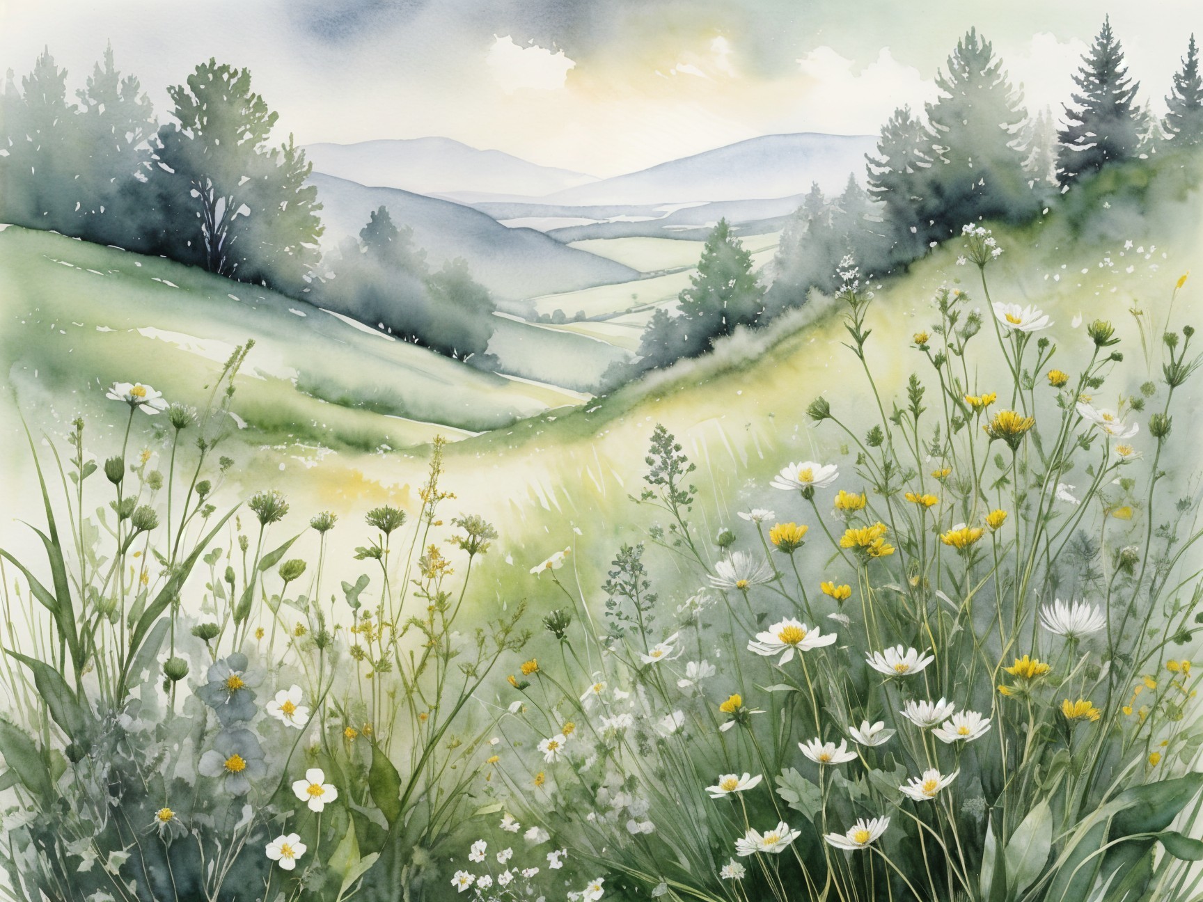 Serene Watercolor Landscape of Rolling Hills and Flowers