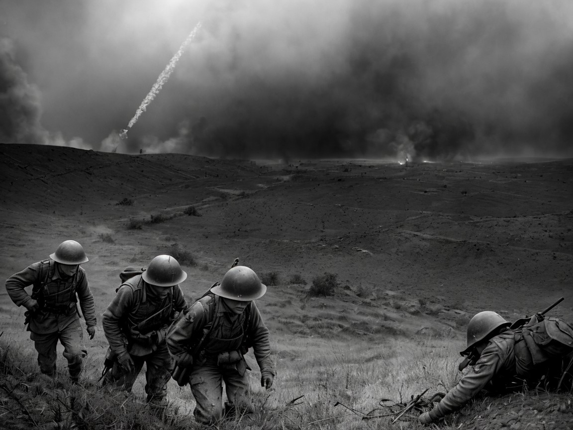 Soldiers in Helmets Amidst War-Torn Landscape