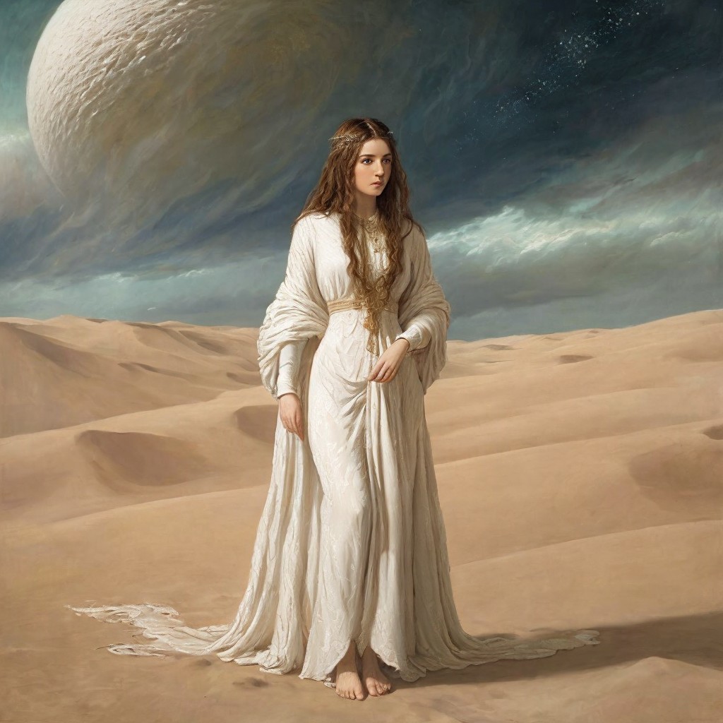 Solitary figure in white robes in a desert landscape