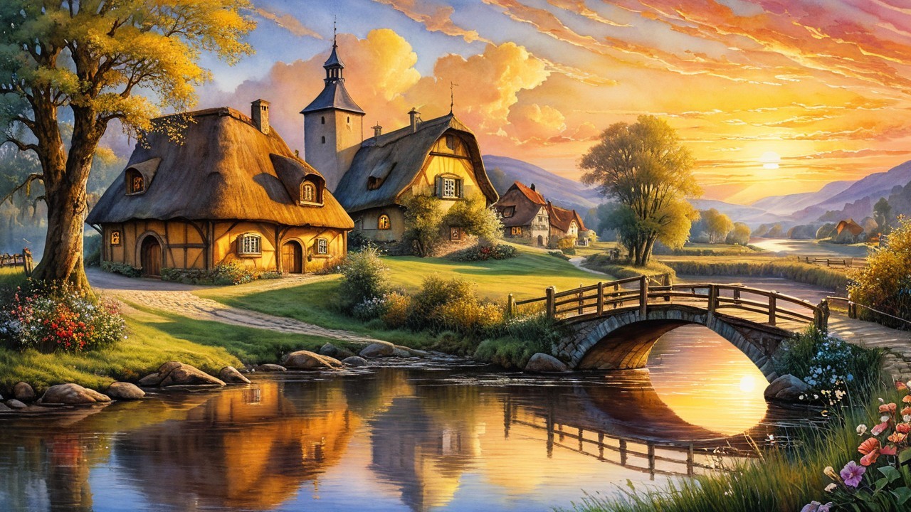 Serene Countryside Scene with Cottages at Sunset