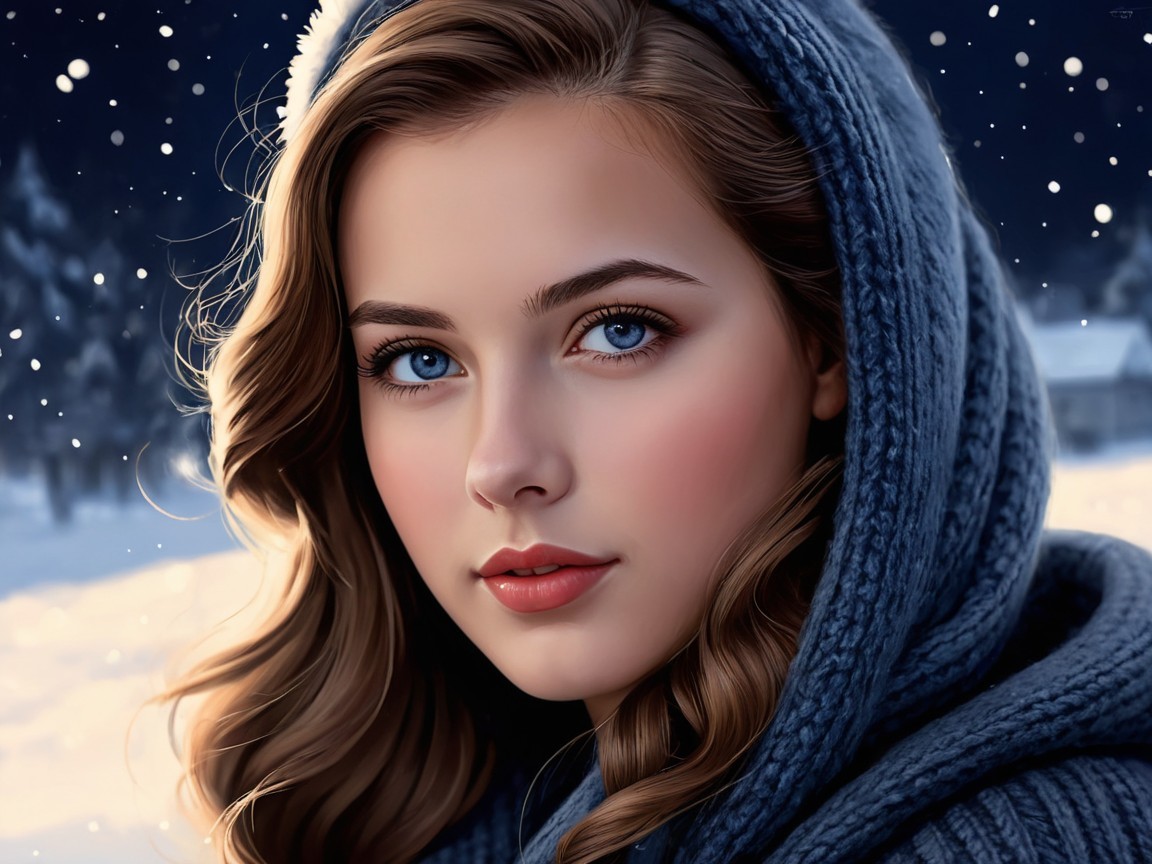 Young woman in hoodie against snowy landscape