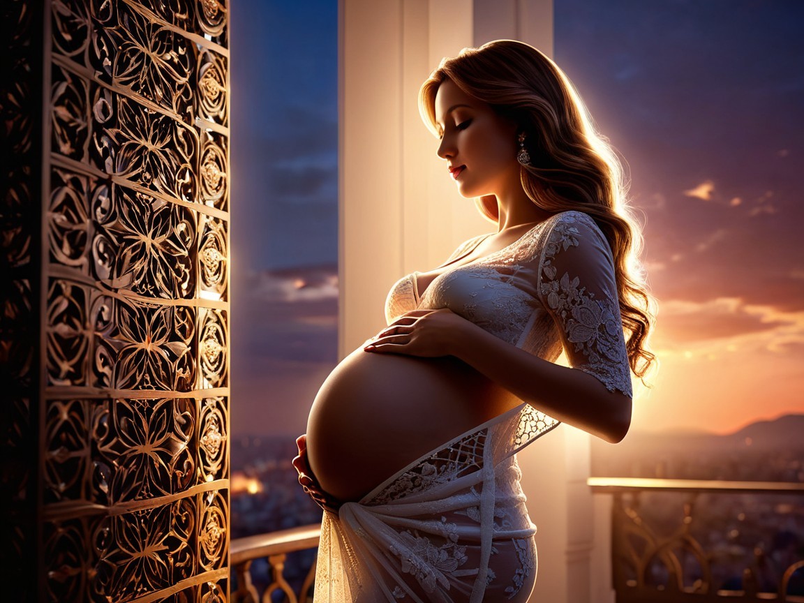 Pregnant Woman Silhouette by Sunset Window