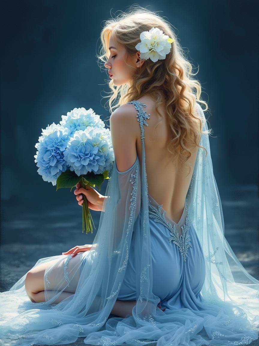 Woman in blue gown with hydrangeas and soft light