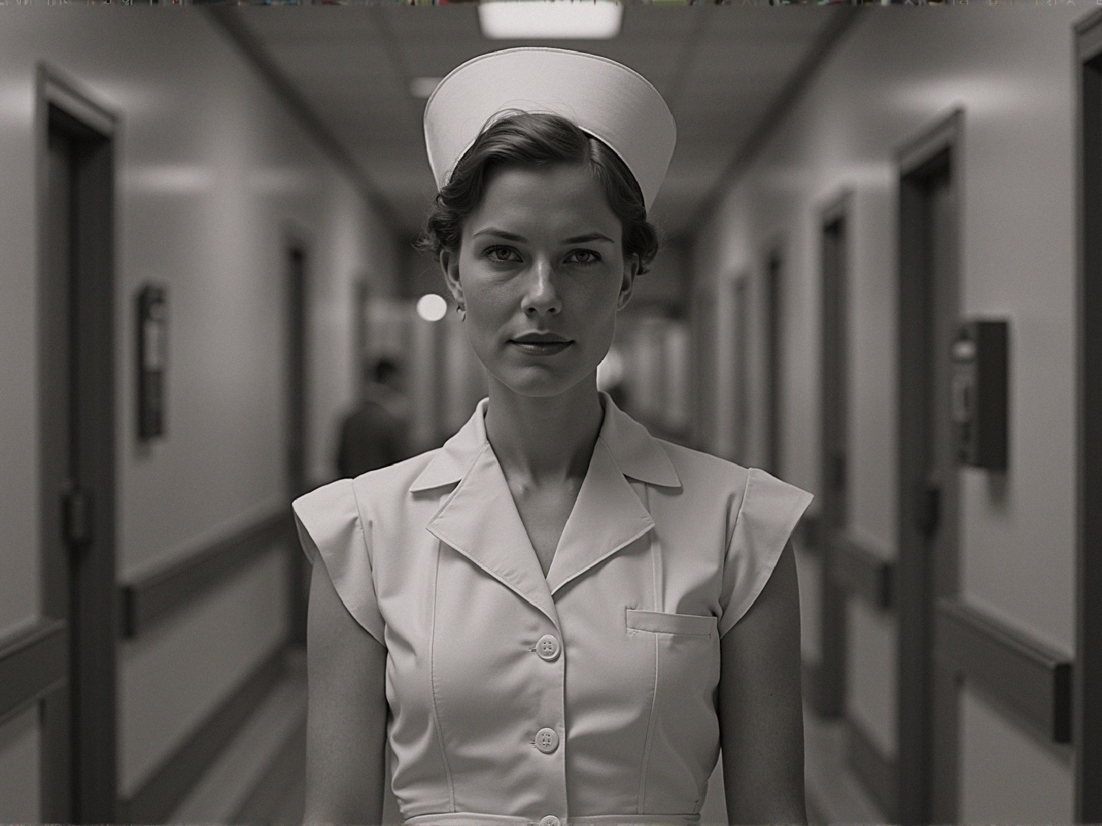 Vintage Black-and-White Photo of a Nurse in Uniform
