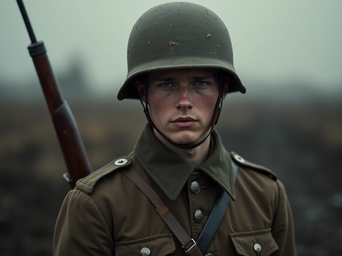 Young soldier in vintage uniform in foggy landscape