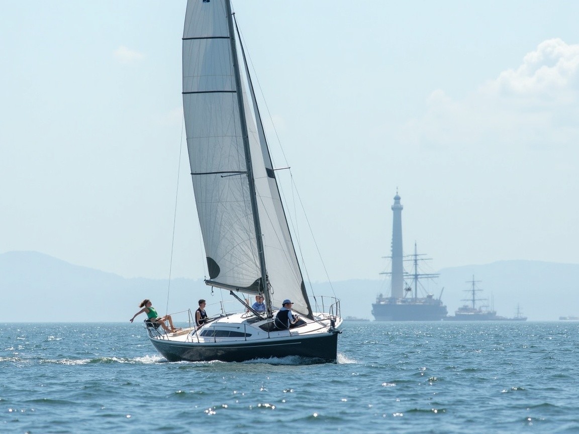 Sailboat and Tall Ship on Tranquil Coastal Waters