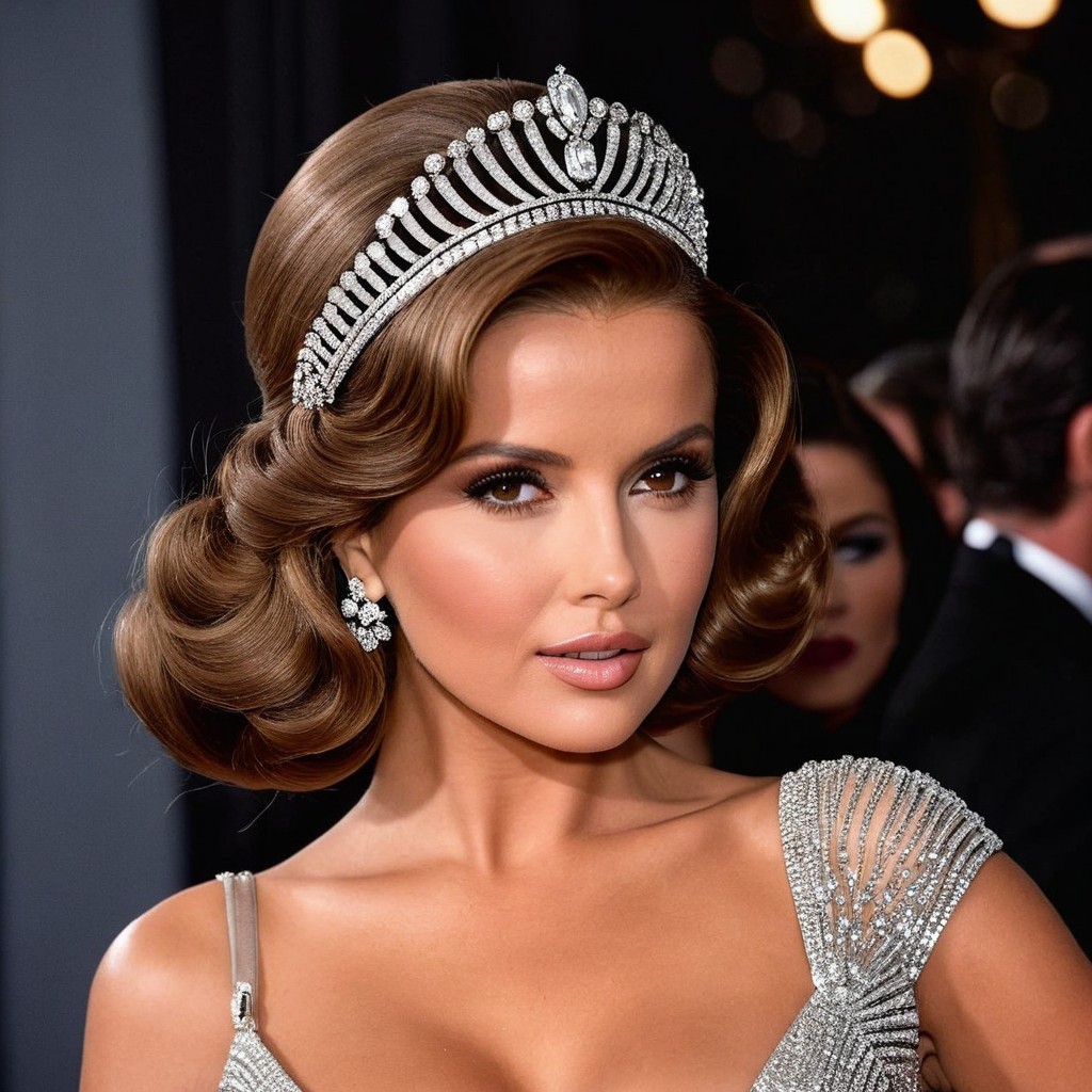 Glamorous Woman in Silver Gown with Tiara and Makeup