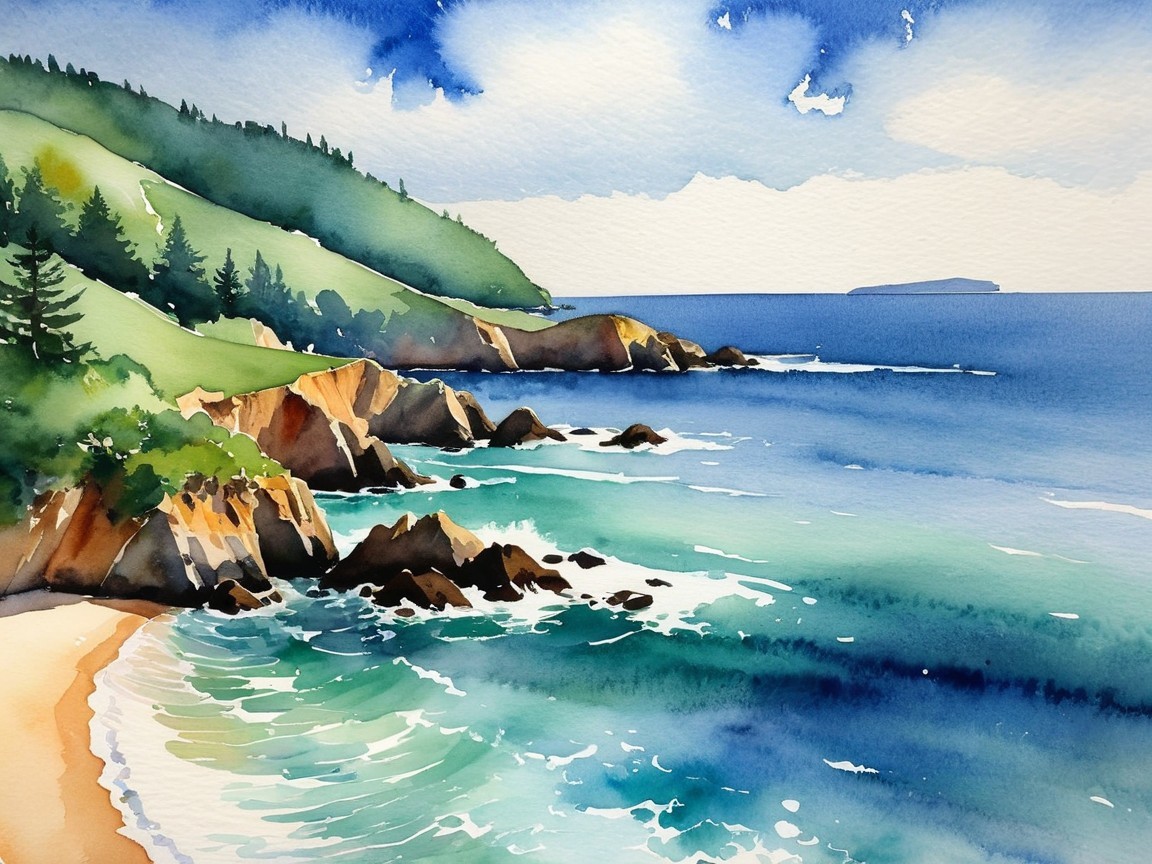 Coastal Scene with Blue Waters and Rocky Shoreline