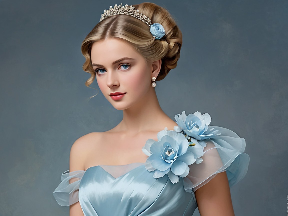 Young woman in elegant light blue gown with tiara