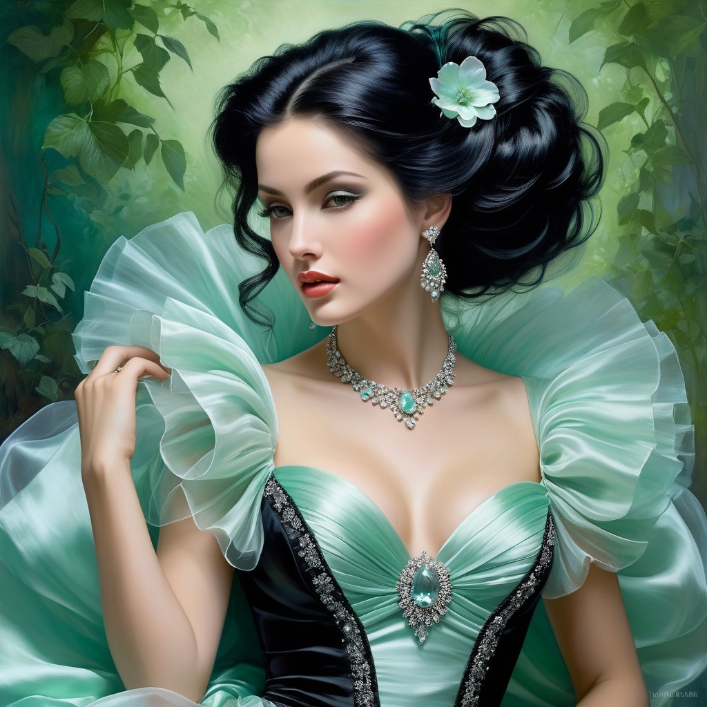 Elegant woman in teal gown with floral accents