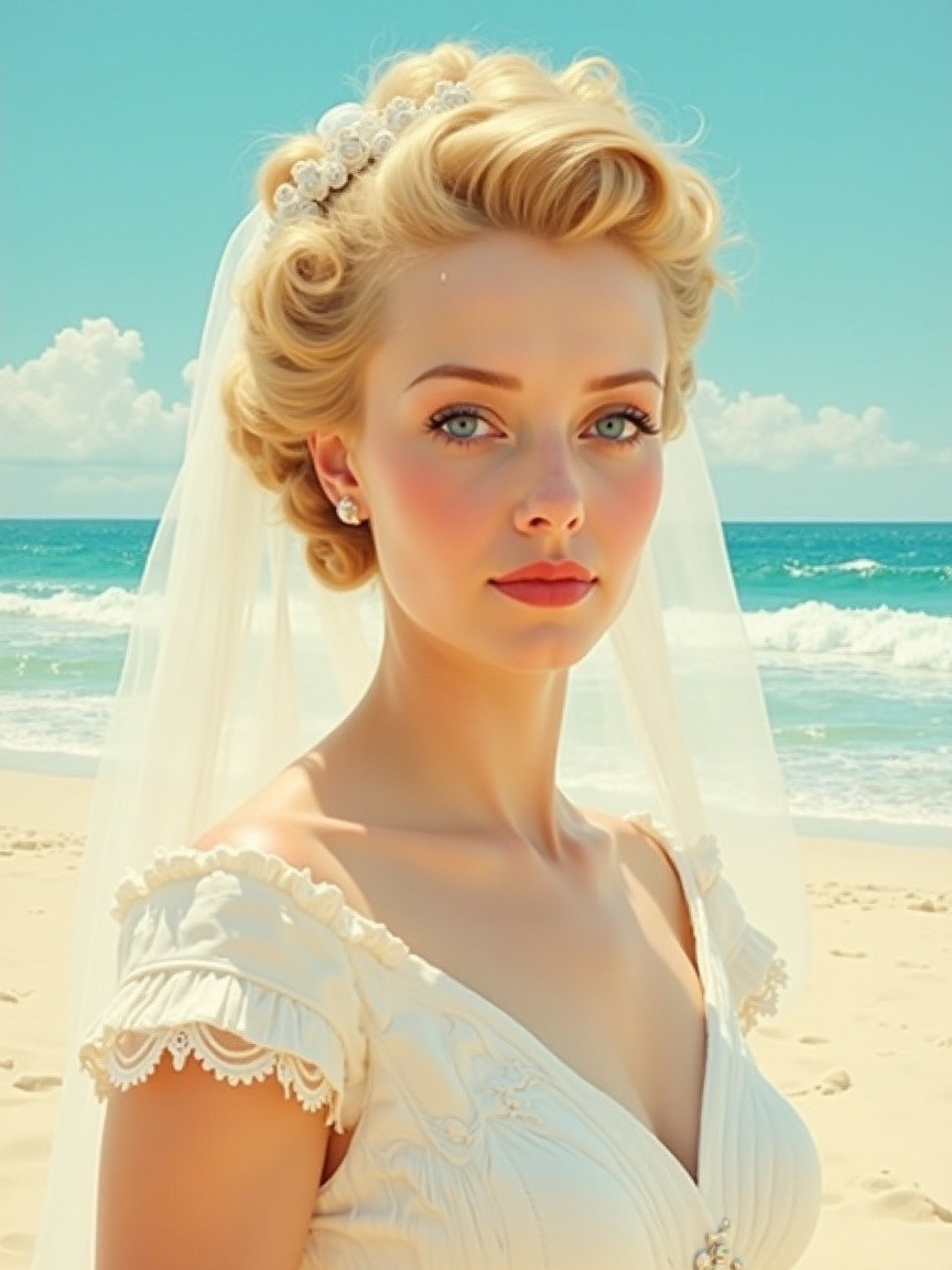 Bride in Vintage Dress on Pristine Beach with Ocean View