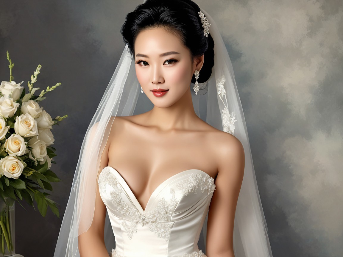 Elegant Bride in Strapless Lace Wedding Gown