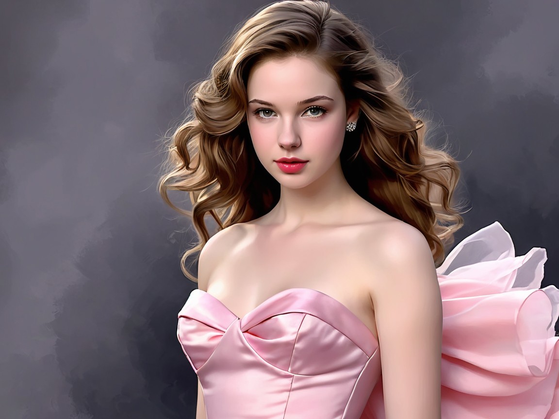 Young woman in strapless pink gown with voluminous hair