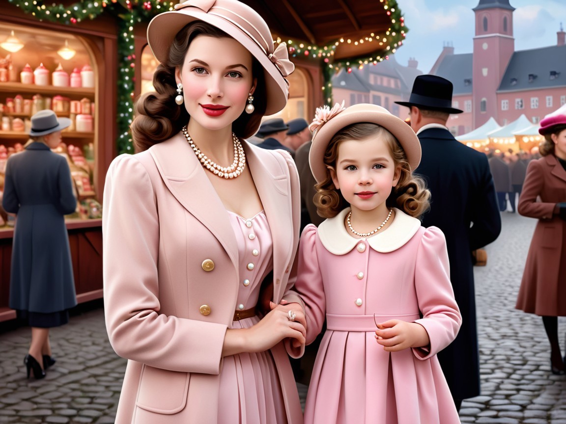 Stylish Mother and Daughter in Festive Market Scene