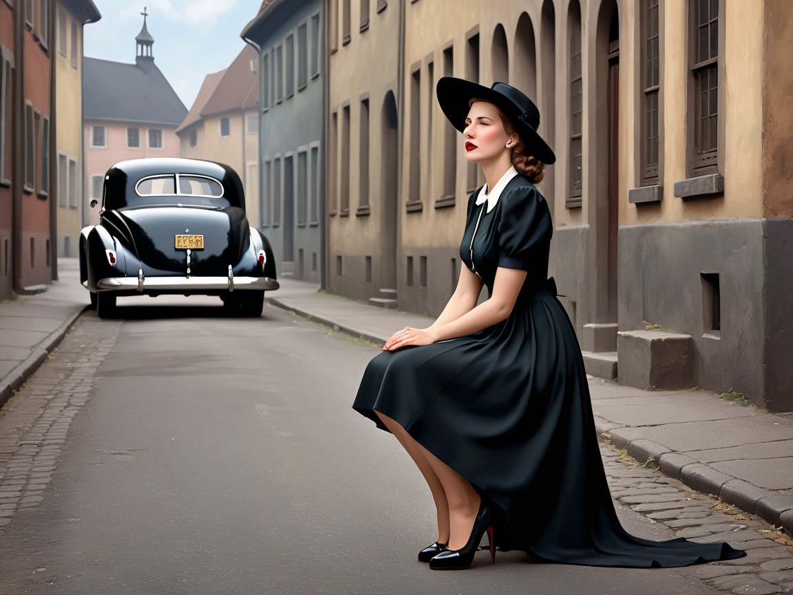 Vintage Fashion Scene on a Cobblestone Street