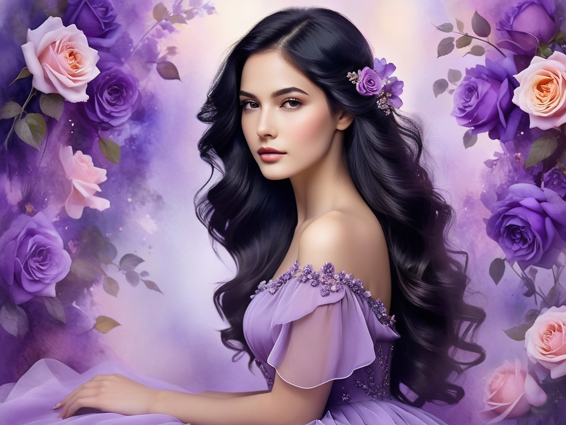 Portrait of a Young Woman in Lavender Gown with Flowers