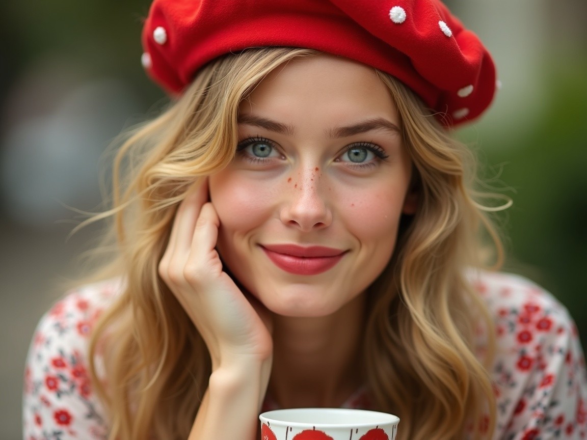 Young Woman in Red Beret with Charming Smile