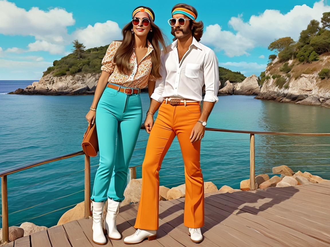 Stylish Couple on Seaside Deck with Vibrant Attire