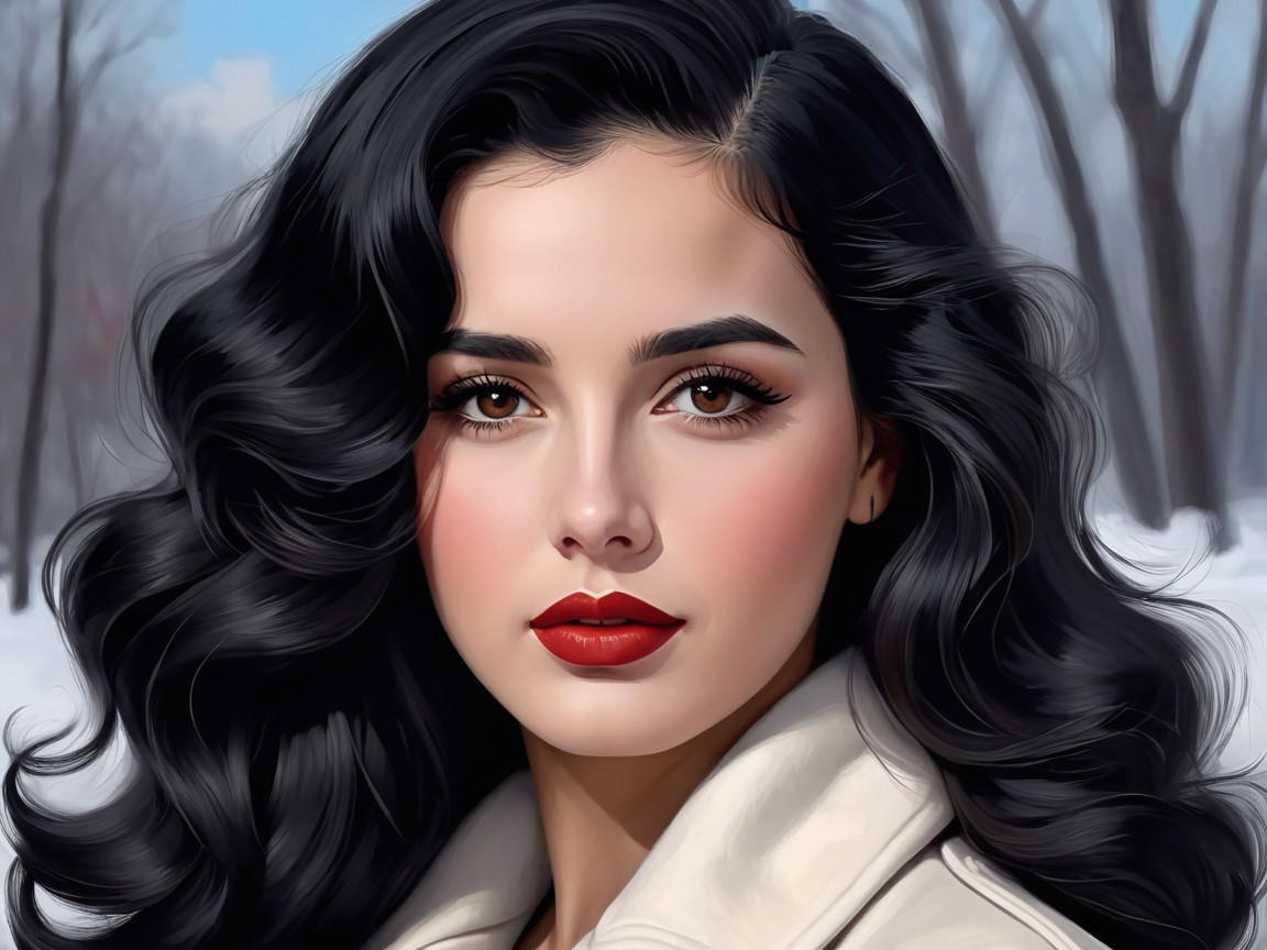 Young Woman in Cream Coat Against Snowy Landscape