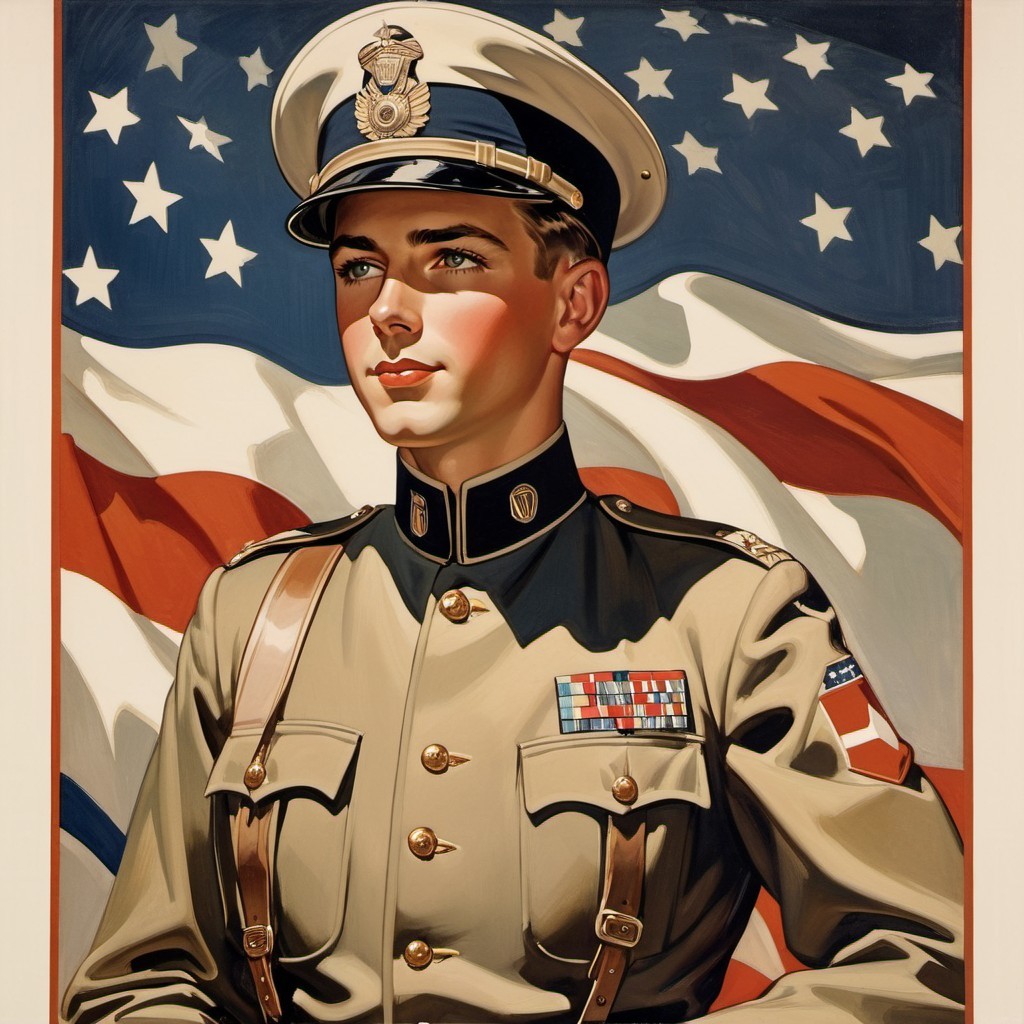 Young Soldier in Military Uniform with Medals and Flags