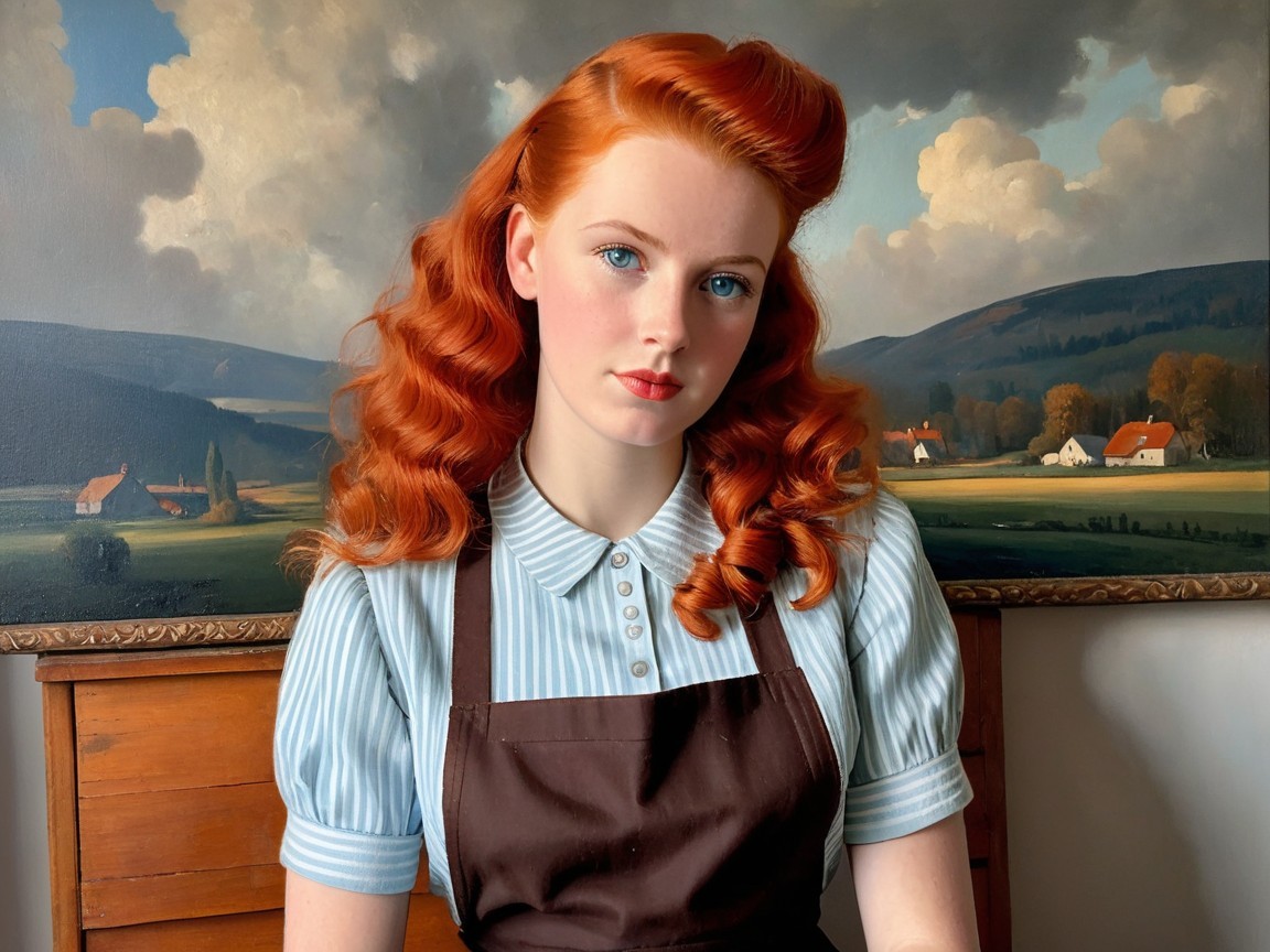 Young woman with red hair poses by landscape painting