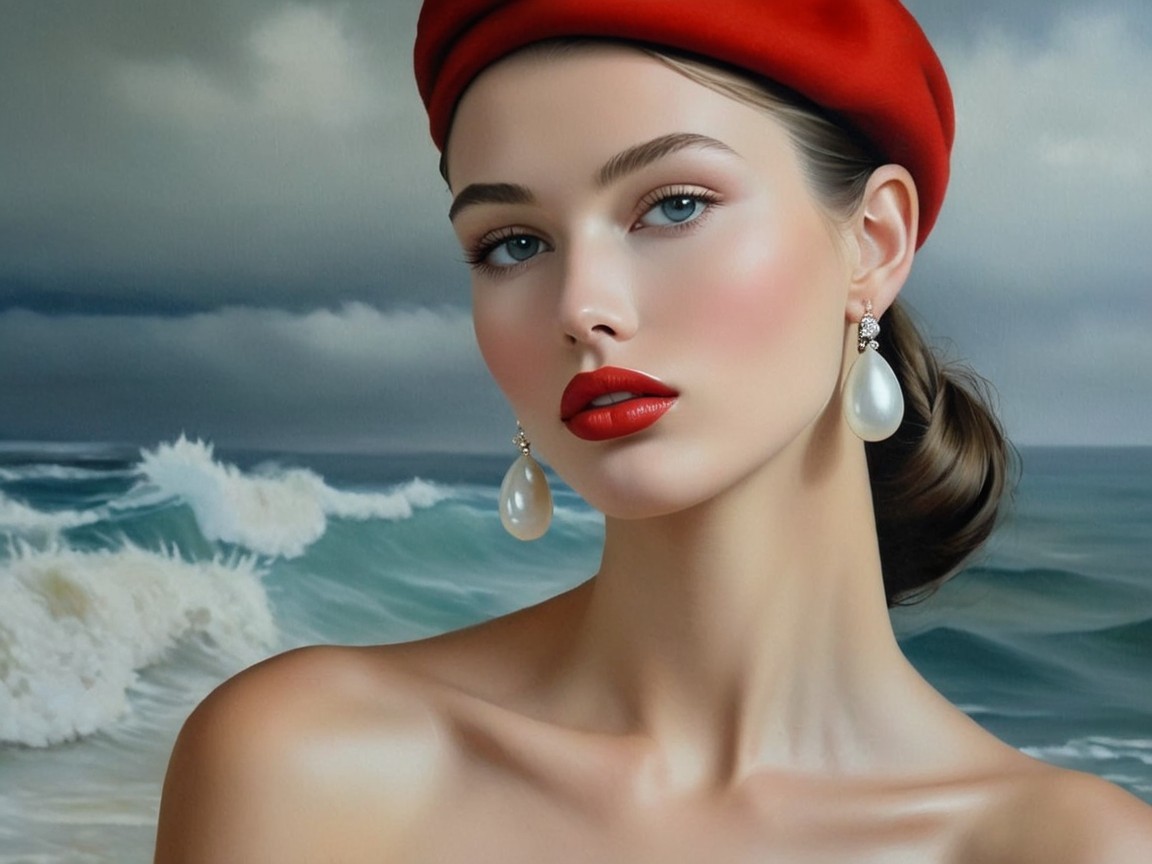 Young Woman in Red Beret with Ocean Background