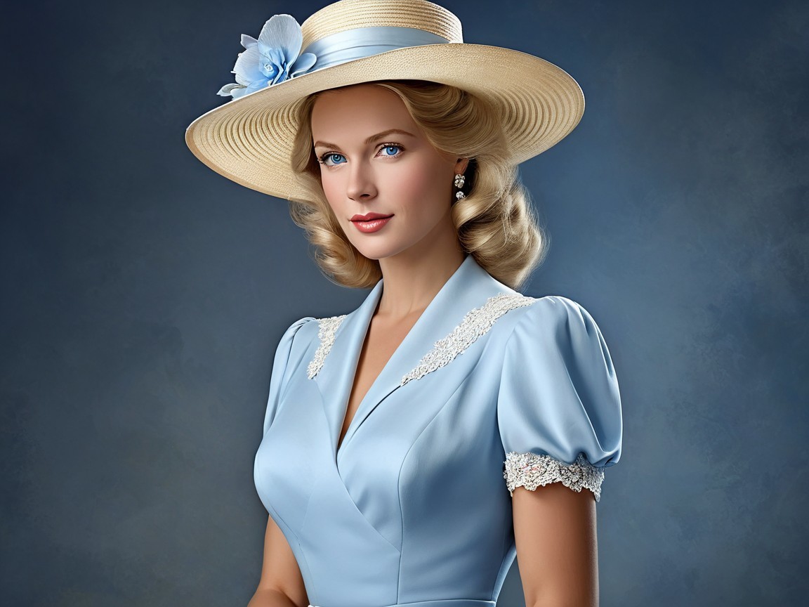 Elegant Light Blue Dress with Lace Detailing and Hat