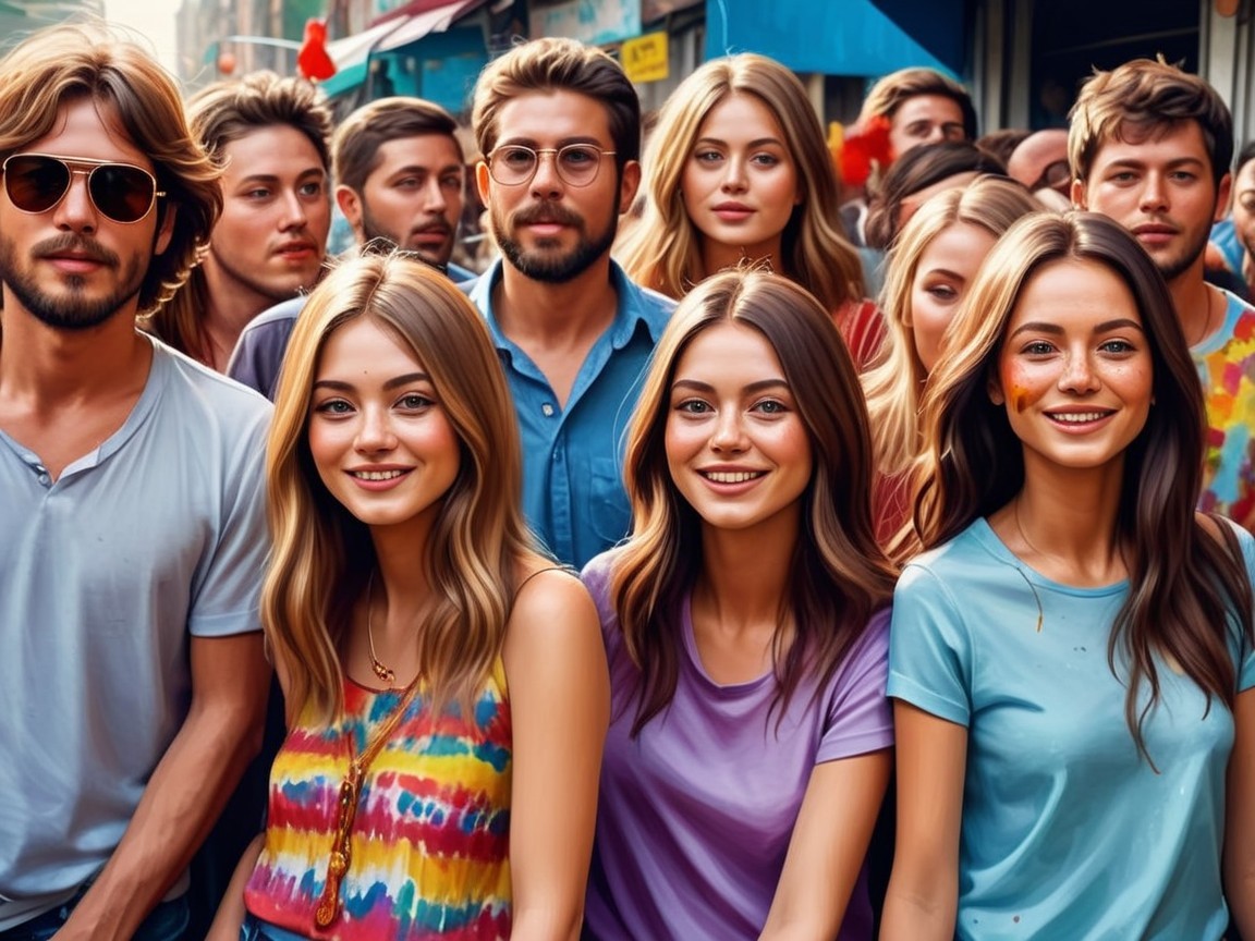 Group of Young Adults in Colorful Urban Outfits