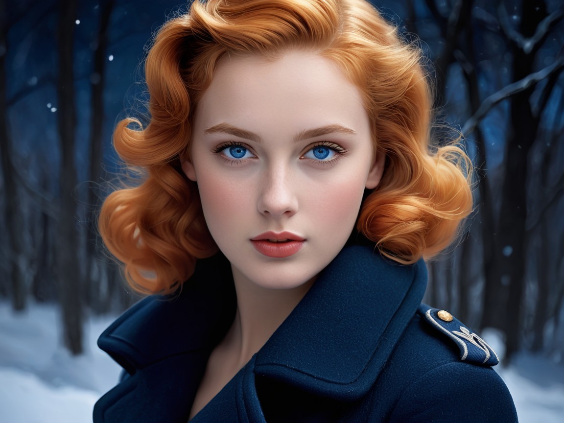 Young woman with red hair in snowy forest setting