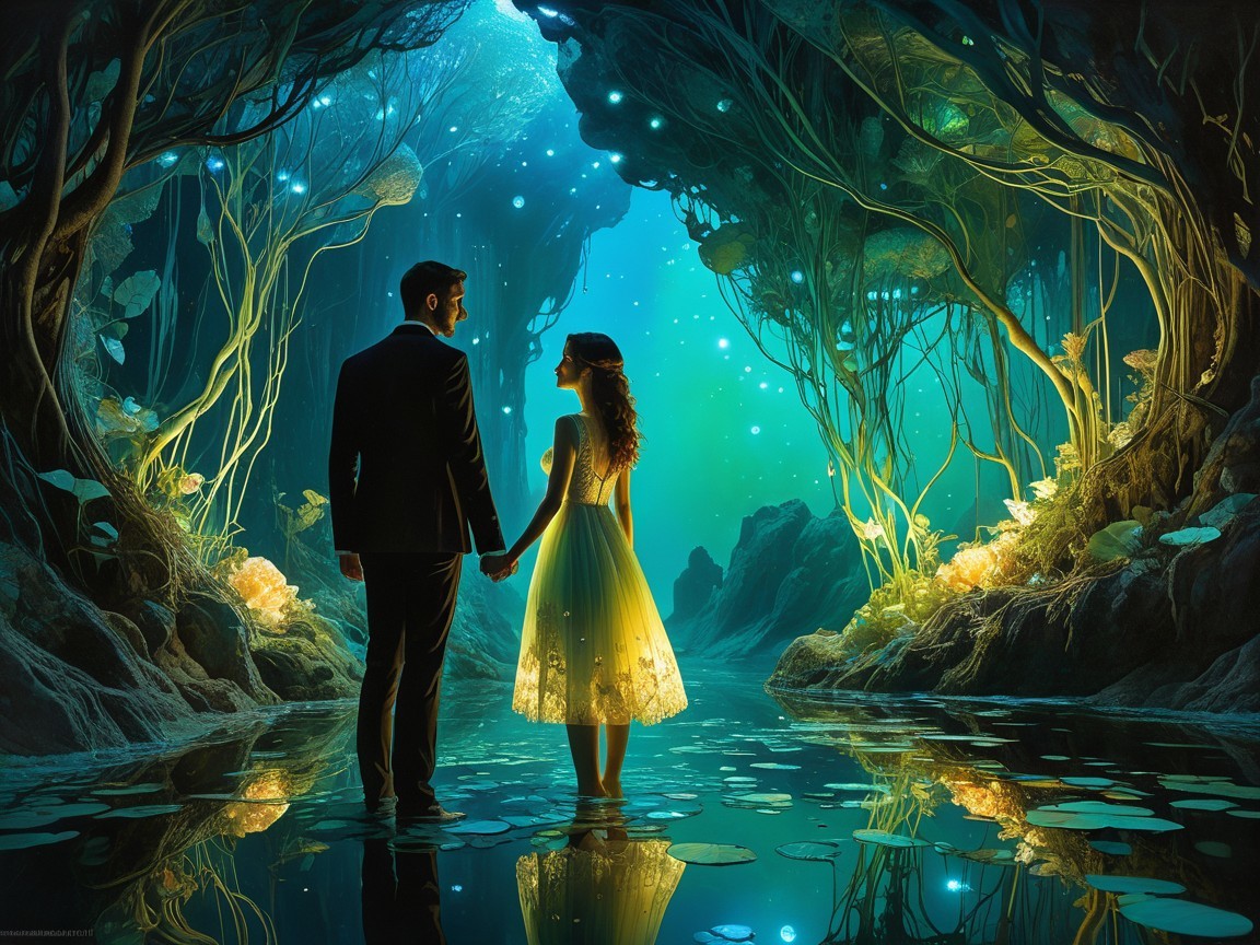 Couple at a Serene Pond in a Magical Setting