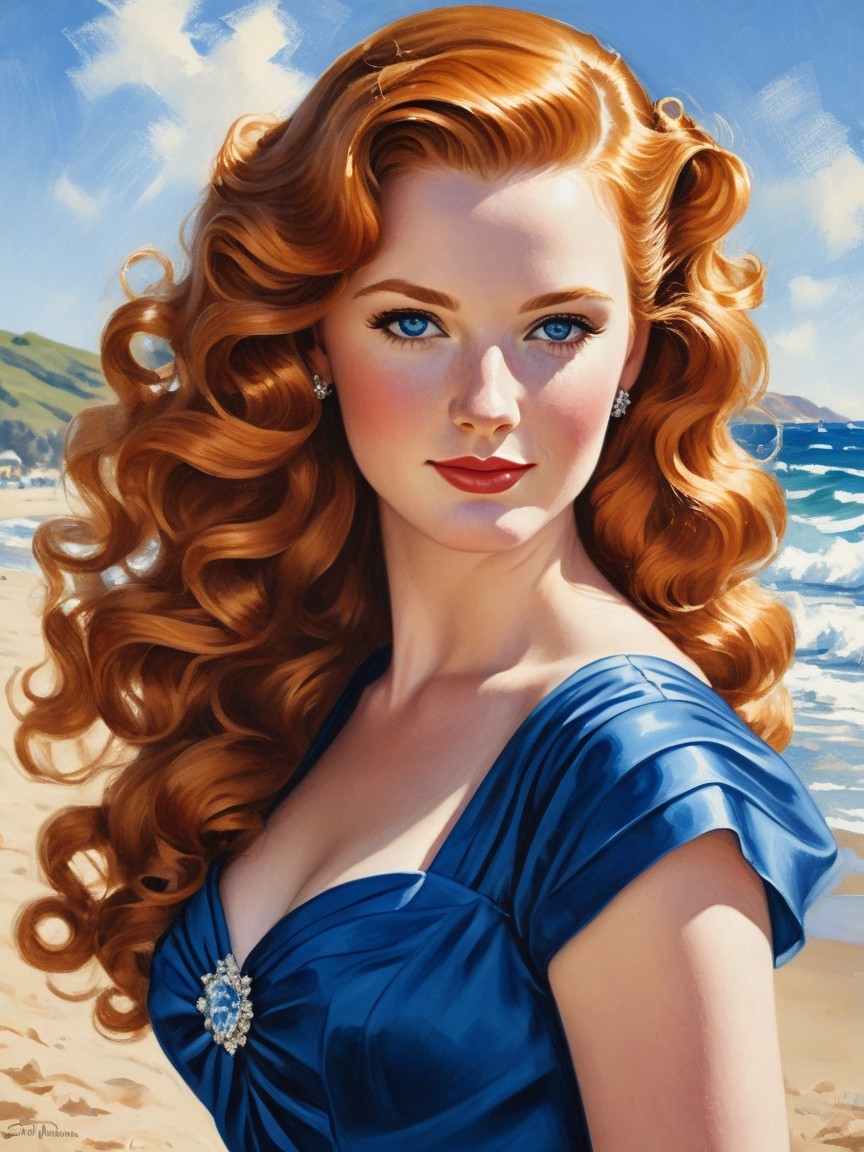 Woman with Red Curls in Blue Dress on Beach