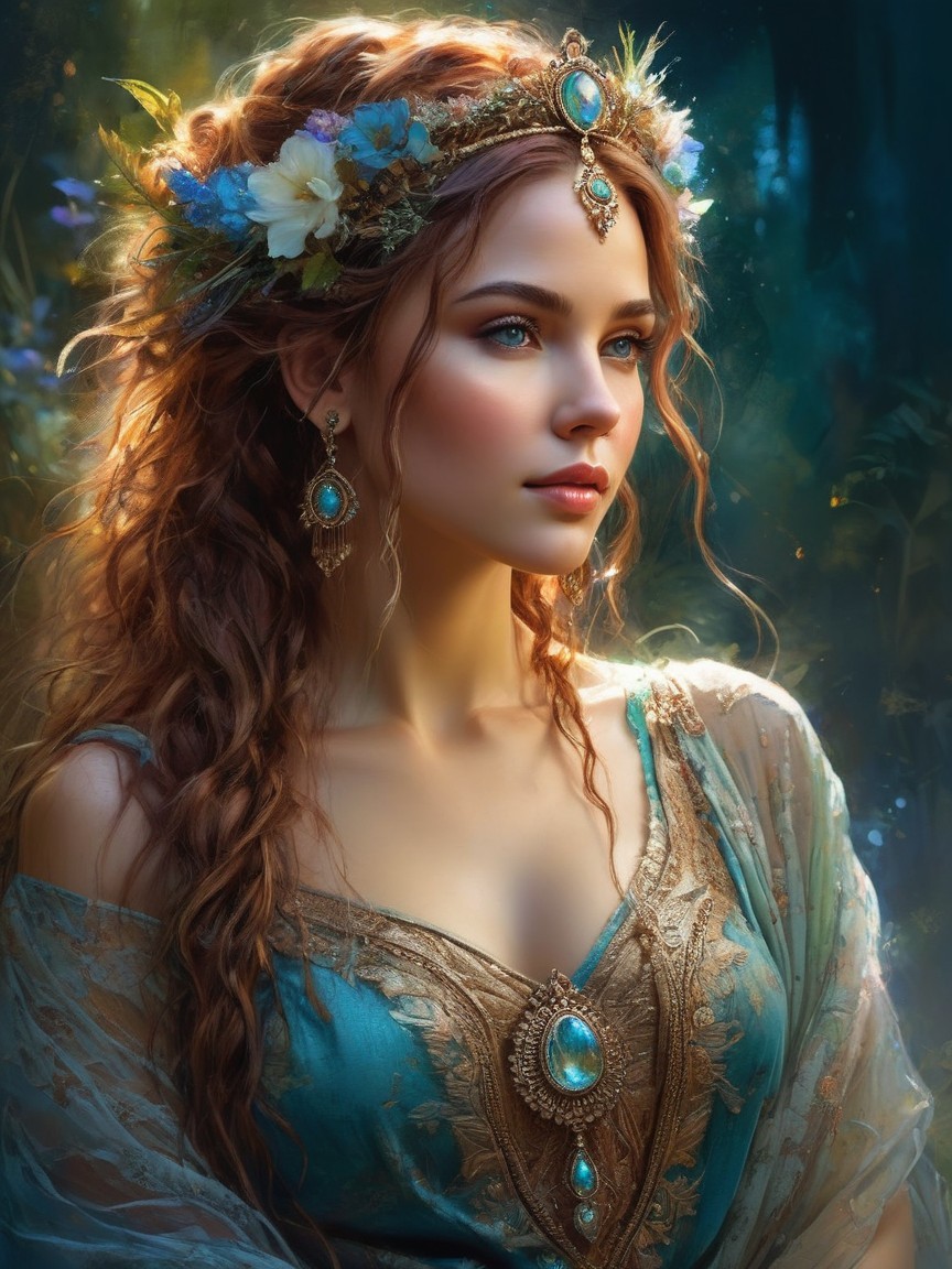 Young woman in blue gown with floral crown and gems