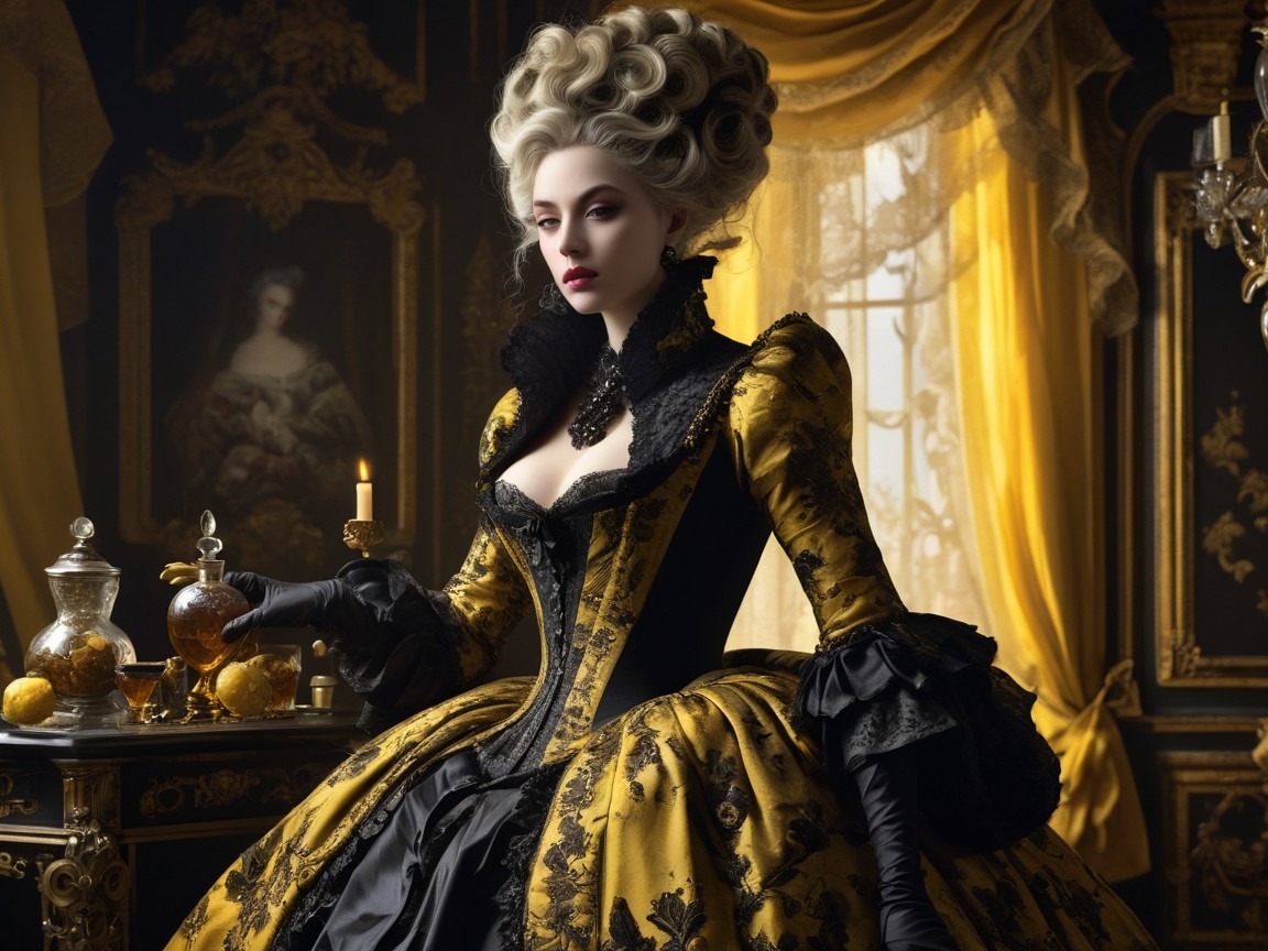 Elegant figure in yellow gown with black lace details