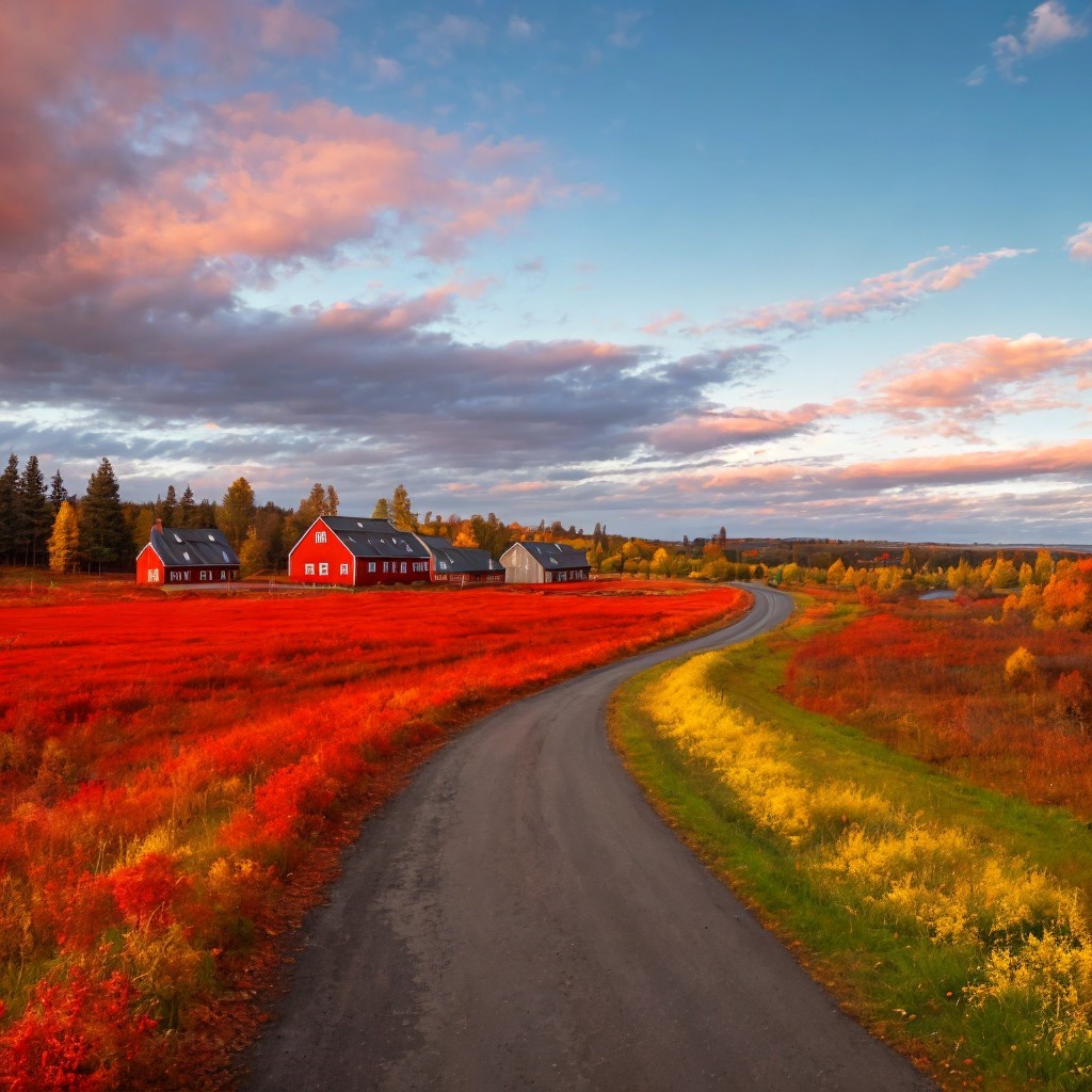 Winding Road in Vibrant Autumn Landscape with Houses