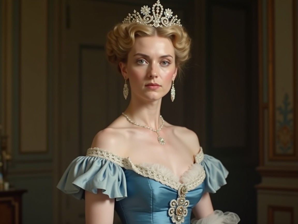 Regal Woman in Blue Gown with Elegant Background