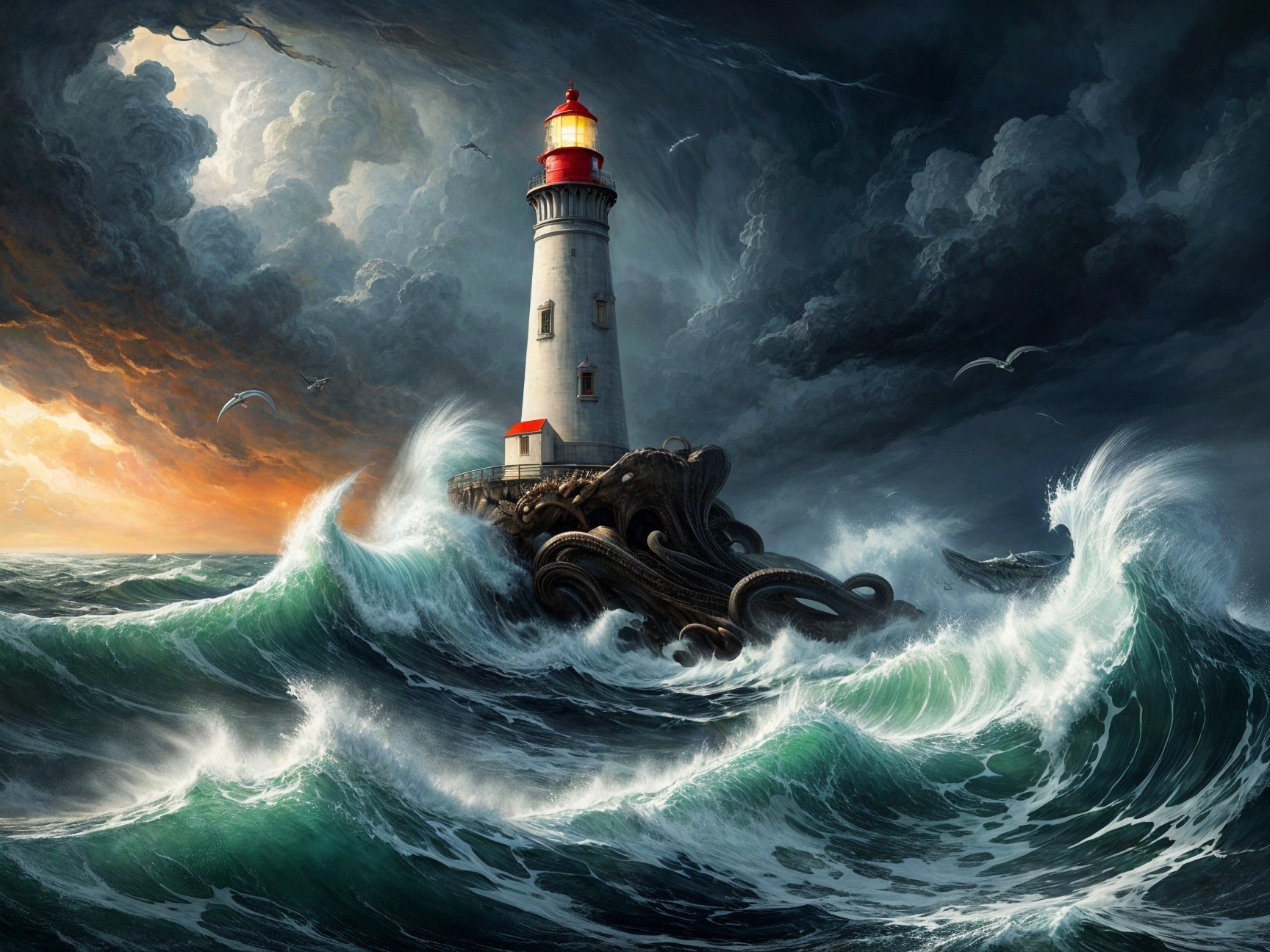 Dramatic Seascape with Lighthouse and Octopus
