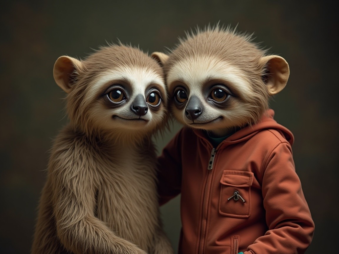 Adorable cartoon sloths in cozy attire and playful bond