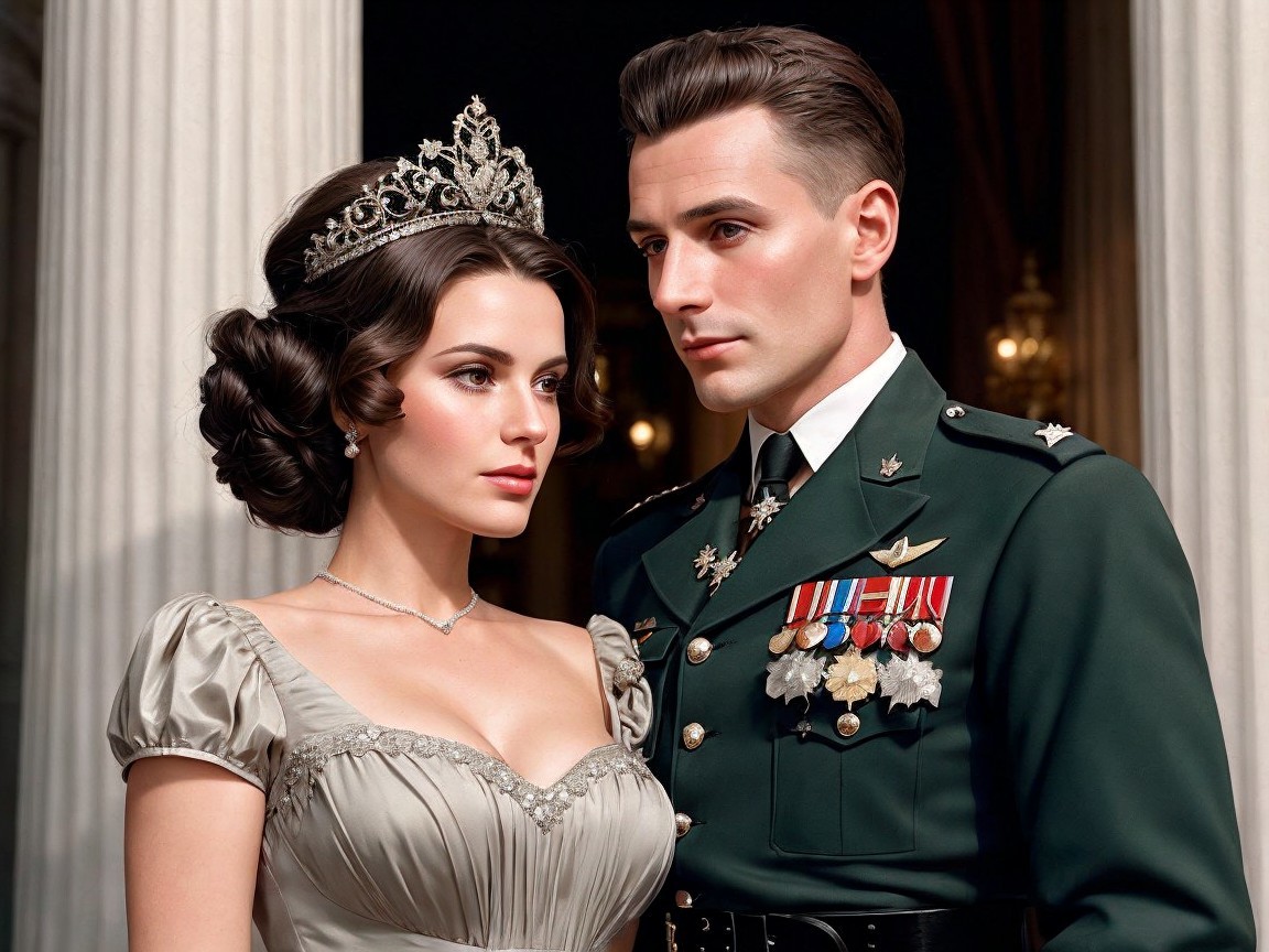 Regal Couple in Elegant Attire and Poised Expressions