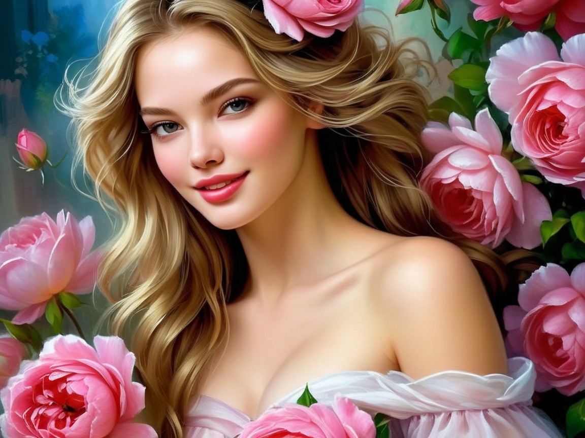 Woman with Blonde Hair Surrounded by Pink Roses
