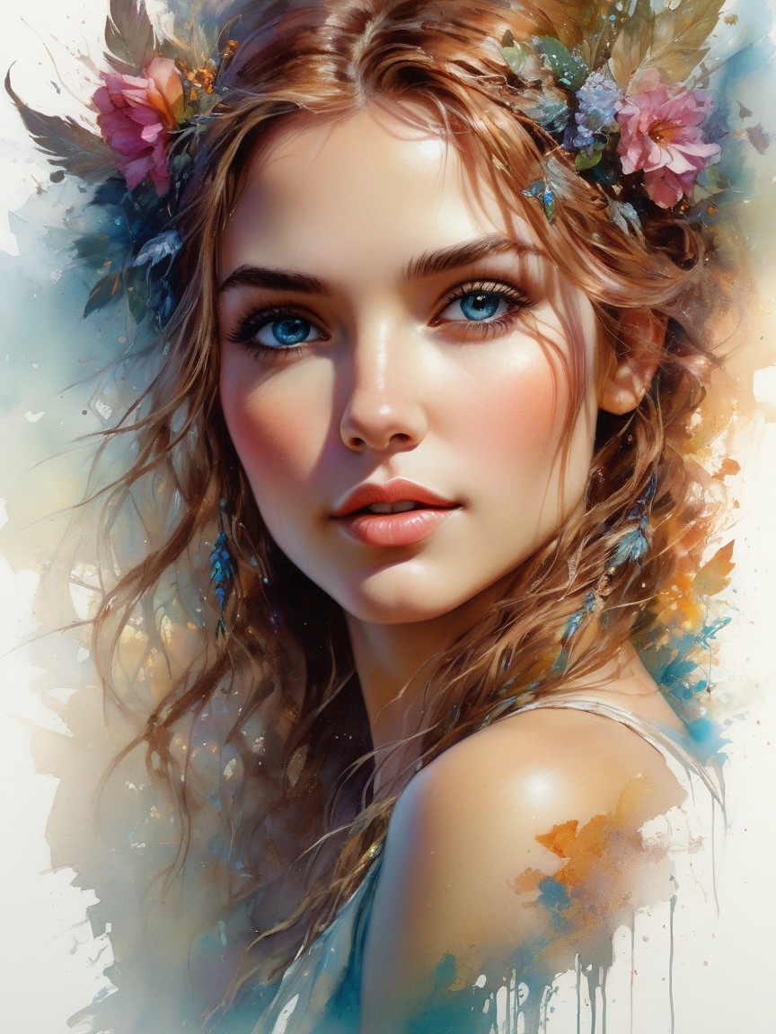 Portrait of a Young Woman with Floral Hair and Blue Eyes