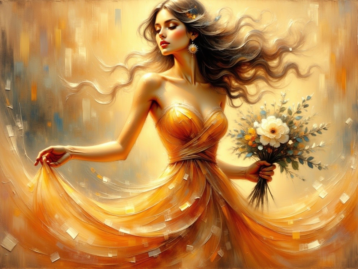 Elegant woman in orange dress with flowers in hand
