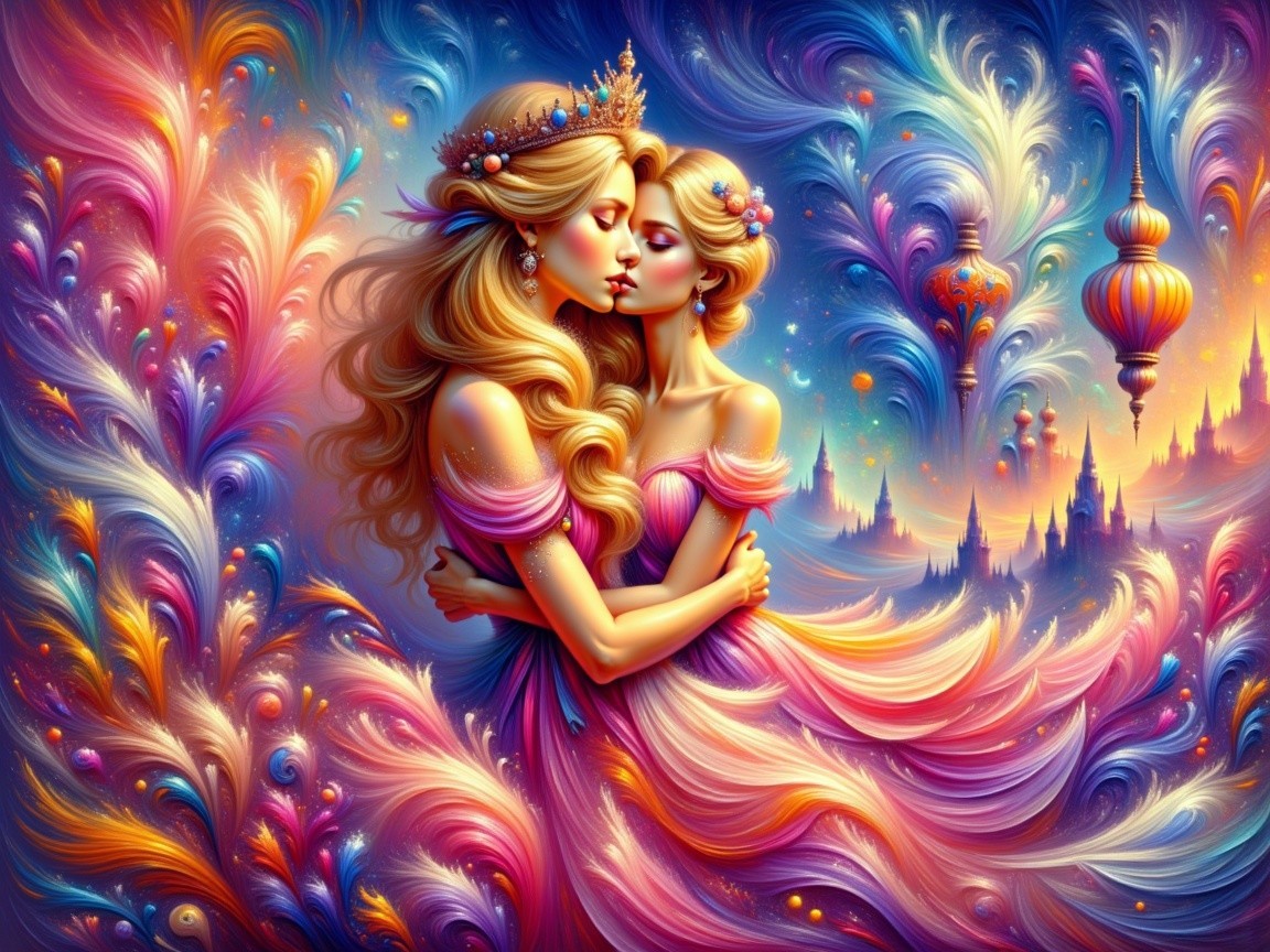 Ethereal Figures in Elegant Gowns with Colorful Backdrop