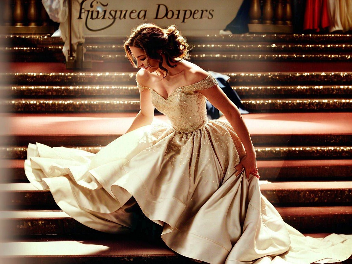Young Woman in Off-the-Shoulder Gown on Grand Staircase