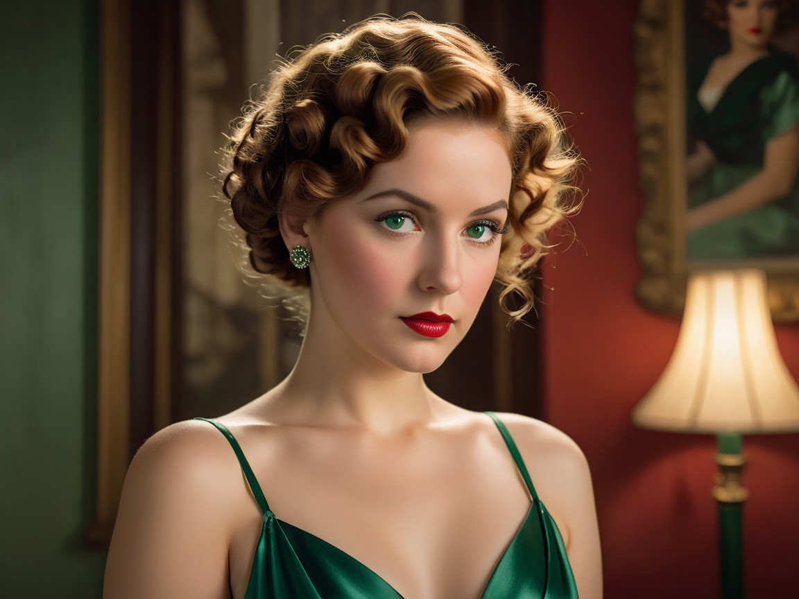 Vintage Glamour in Satin Green Gown and Curls