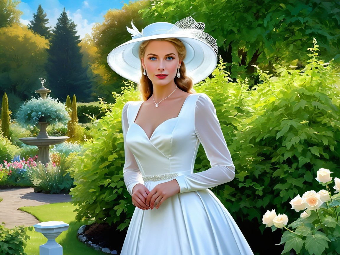 Elegant Woman in Wedding Gown in Serene Garden