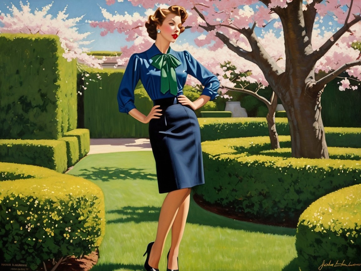 Stylish Woman in Cherry Blossom Garden Setting