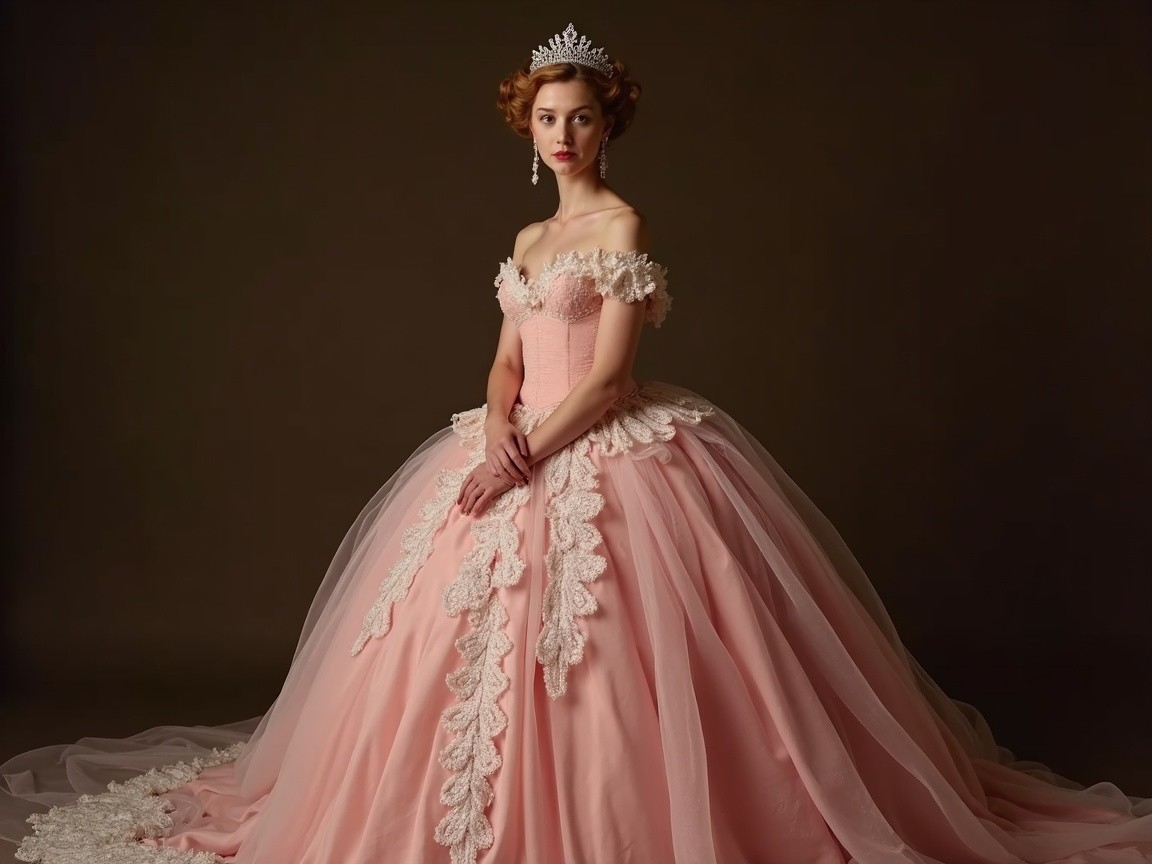 Young Woman in Elegant Off-the-Shoulder Pink Gown