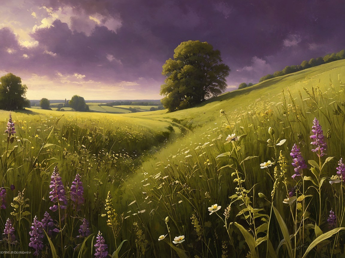 Serene Landscape with Rolling Hills and Wildflowers